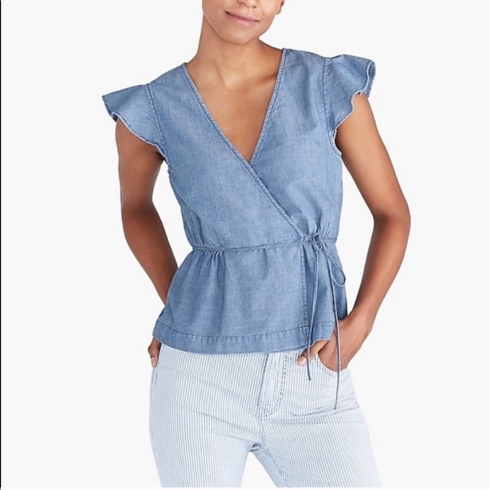 J Crew Chambray Faux Wrap Flutter Sleeve Top